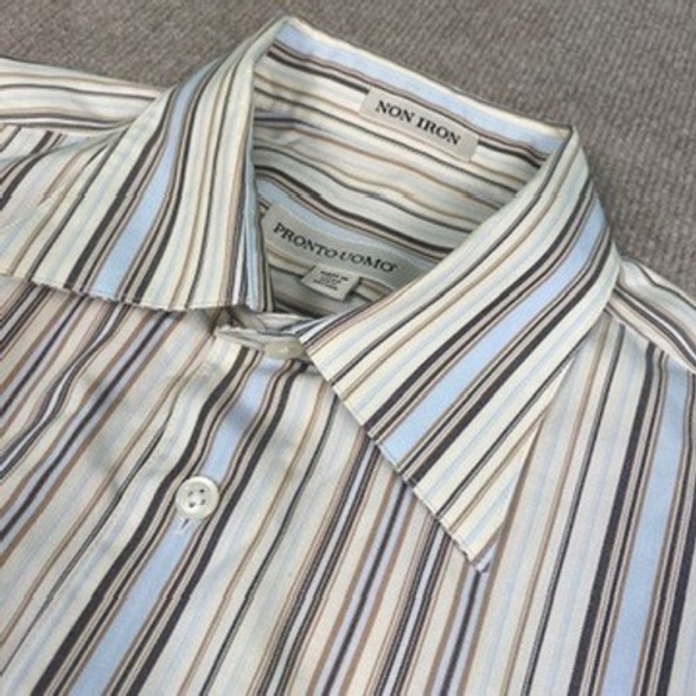 Pronto Uomo Non Iron Striped Dress Shirt Long‎ Sleeve Button Up, L